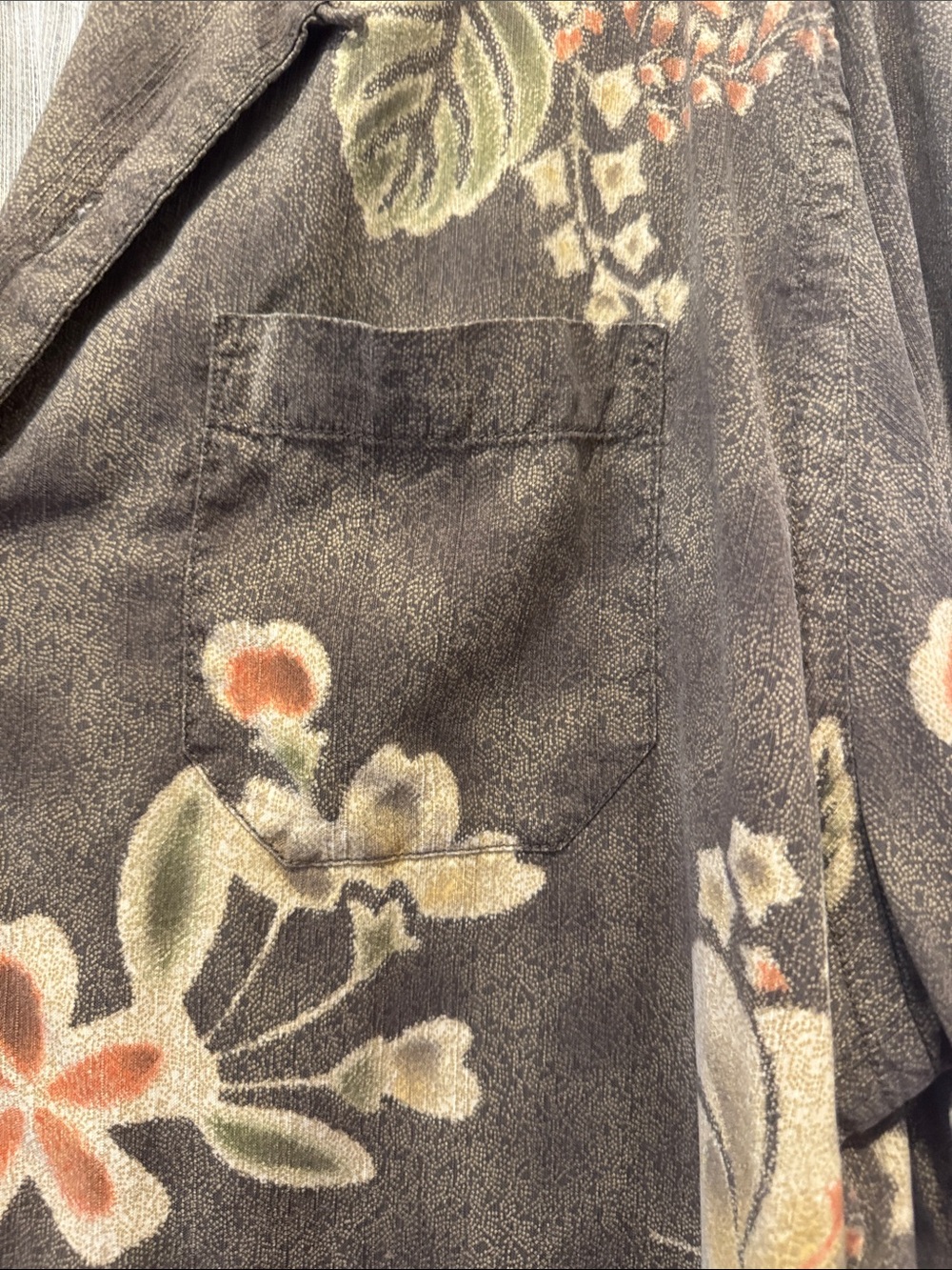 Tommy Bahama Olive Green Floral Camp Shirt with Cream and Orange Accents - Picture 3 of 4